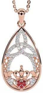 Diamond Ruby Rose Gold Claddagh Celtic Trinity Knot Necklace