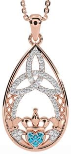 Diamond Topaz Rose Gold Claddagh Celtic Trinity Knot Necklace