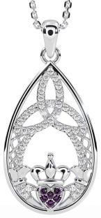 Diamond Alexandrite Silver Claddagh Celtic Trinity Knot Necklace