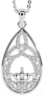 Diamond Silver Claddagh Celtic Trinity Knot Necklace