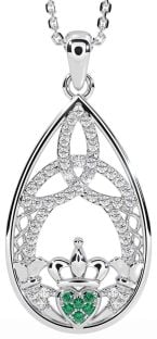 Diamant Smaragd Silber Claddagh keltisch Dreieinigkeit Knoten Halskette