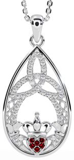 Diamond Garnet Silver Claddagh Celtic Trinity Knot Necklace