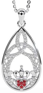 Diamond Ruby Silver Claddagh Celtic Trinity Knot Necklace