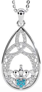 Diamond Topaz Silver Claddagh Celtic Trinity Knot Necklace