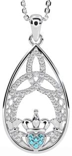 Diamond Aquamarine White Gold Claddagh Celtic Trinity Knot Necklace