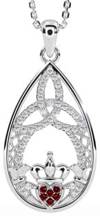 Diamond Garnet White Gold Claddagh Celtic Trinity Knot Necklace