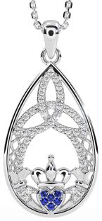 Diamond Sapphire White Gold Claddagh Celtic Trinity Knot Necklace