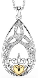 Diamond Gold Silver Celtic Claddagh Trinity Knot Necklace