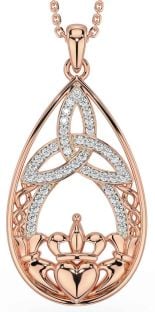 Diamond Rose Gold Silver Celtic Claddagh Trinity Knot Necklace