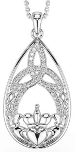 Diamond Silver Celtic Claddagh Trinity Knot Necklace