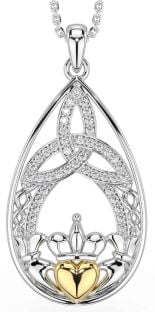 Diamond White Yellow Gold Celtic Claddagh Trinity Knot Necklace