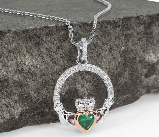 Diamond Emerald Rose Gold Silver Claddagh Necklace
