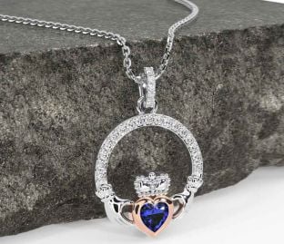 Diamond Sapphire Rose Gold Silver Claddagh Necklace