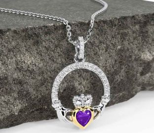 Diamond Amethyst Gold Silver Claddagh Necklace