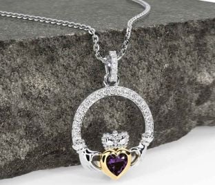 Diamond Alexandrite Gold Silver Claddagh Necklace