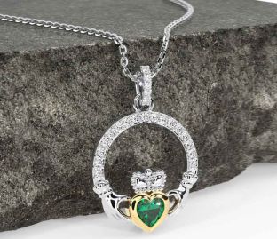 Diamond Emerald Gold Silver Claddagh Necklace