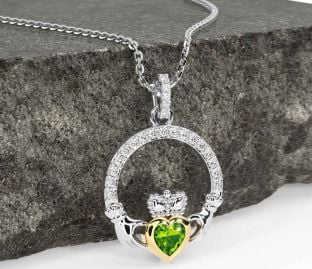 Diamond Peridot Gold Silver Claddagh Necklace