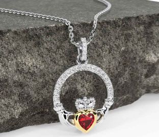 Diamond Ruby Gold Silver Claddagh Necklace