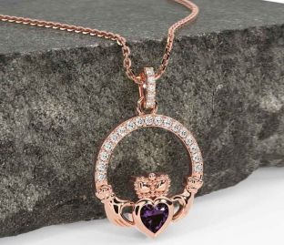 Diamond Alexandrite Rose Gold Silver Claddagh Necklace