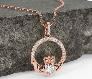 Diamond Rose Gold Silver Claddagh Necklace