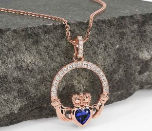Diamond Sapphire Rose Gold Silver Claddagh Necklace