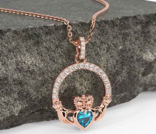 Diamond Topaz Rose Gold Silver Claddagh Necklace