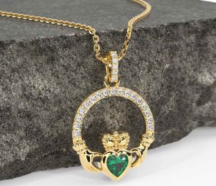 Diamond Emerald Gold Silver Claddagh Necklace