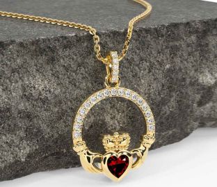 Diamond Garnet Gold Silver Claddagh Necklace