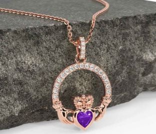 Diamond Amethyst Rose Gold Claddagh Necklace