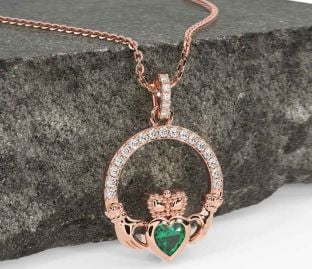 Diamond Emerald Rose Gold Claddagh Necklace