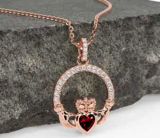 Diamond Garnet Rose Gold Claddagh Necklace