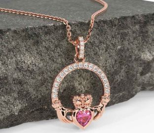 Diamond Pink Tourmaline Rose Gold Claddagh Necklace