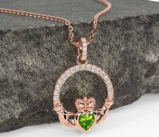 Diamond Peridot Rose Gold Claddagh Necklace