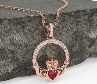 Diamond Ruby Rose Gold Claddagh Necklace