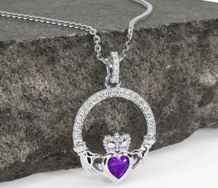 Diamond Amethyst Silver Claddagh Necklace