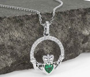 Diamond Emerald Silver Claddagh Necklace