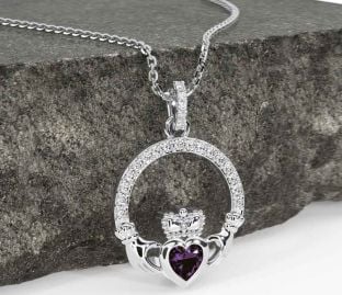 Diamond Alexandrite White Gold Claddagh Necklace