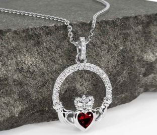 Diamond Garnet White Gold Claddagh Necklace