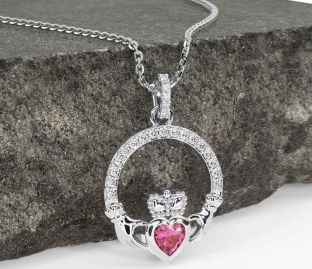 Diamond Pink Tourmaline White Gold Claddagh Necklace