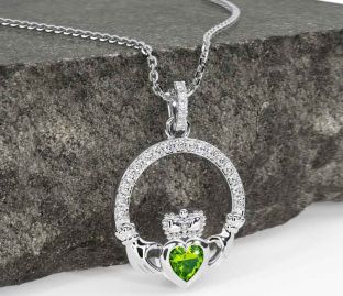 Diamond Peridot White Gold Claddagh Necklace