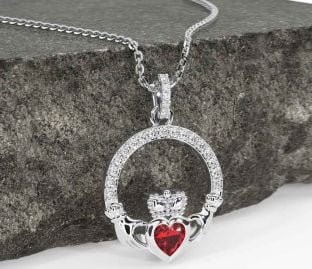 Diamond Ruby White Gold Claddagh Necklace