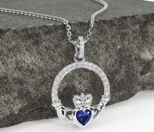Diamond Sapphire White Gold Claddagh Necklace