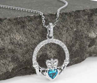 Diamond Topaz White Gold Claddagh Necklace