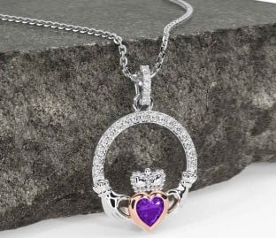 Diamond Amethyst White Rose Gold Claddagh Necklace