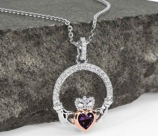 Diamond Alexandrite White Rose Gold Claddagh Necklace