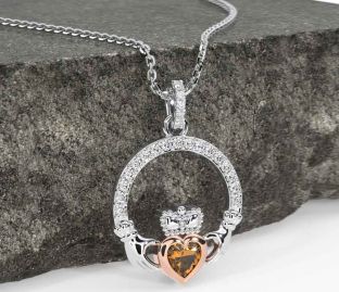Diamond Citrine White Rose Gold Claddagh Necklace