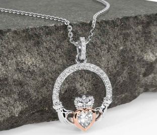 Diamond White Rose Gold Claddagh Necklace