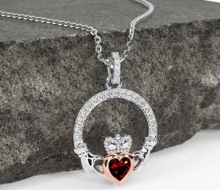 Diamond Garnet White Rose Gold Claddagh Necklace