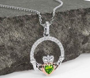 Diamond Peridot White Rose Gold Claddagh Necklace