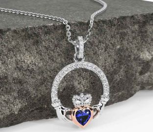 Diamond Sapphire White Rose Gold Claddagh Necklace